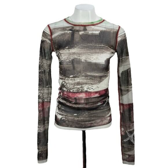 JEAN PAUL GAULTIER Vintage Long Sleeve Mesh Top Sz Large Berlin Wall City Scape - Picture 4 of 12